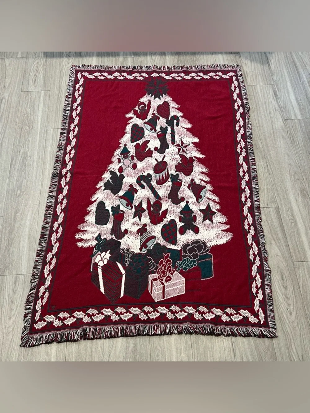 Vintage Christmas Tapestry Throw Blanket Tree Reversible Fringe Holiday Decor